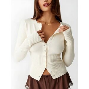 Commense Crew Neck Long Sleeve Cardigan white size M